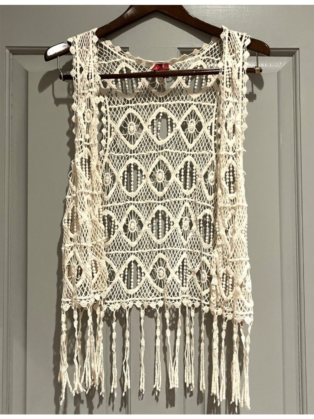 Red Camel Crochet Vest Women's Medium Open Fringe Boho Festival Hippie